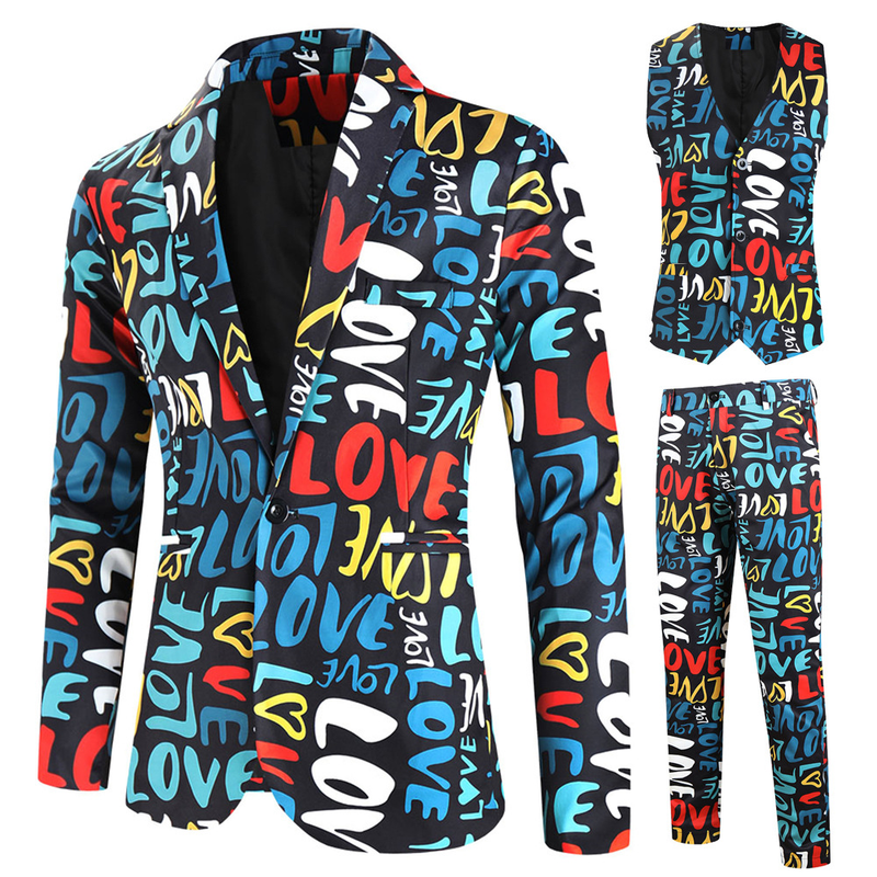 Male Valentine's Day Slim Fit Suit 3 Piece One Button Printed Uniform