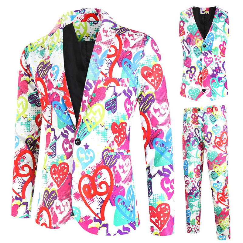 Male Valentine's Day Slim Fit Suit 3 Piece One Button Printed Uniform