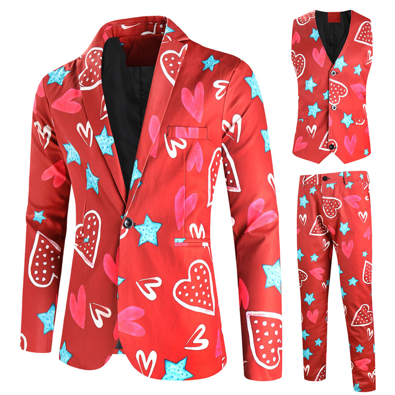 Male Valentine's Day Slim Fit Suit 3 Piece One Button Printed Uniform