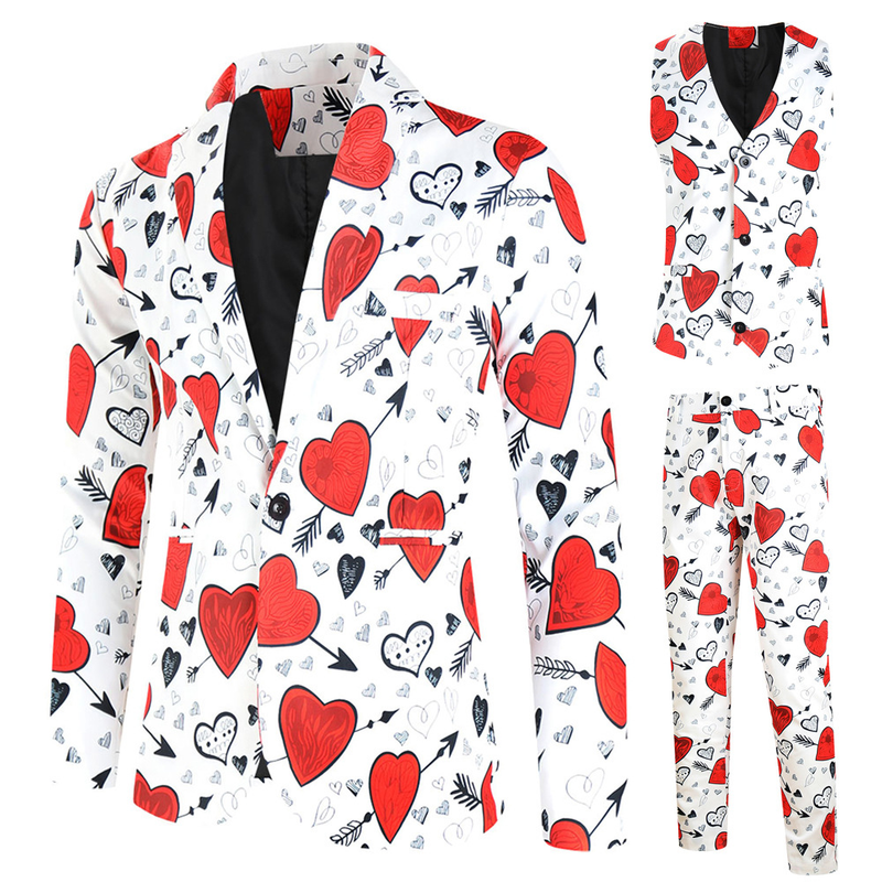 Male Valentine's Day Slim Fit Suit 3 Piece One Button Printed Uniform