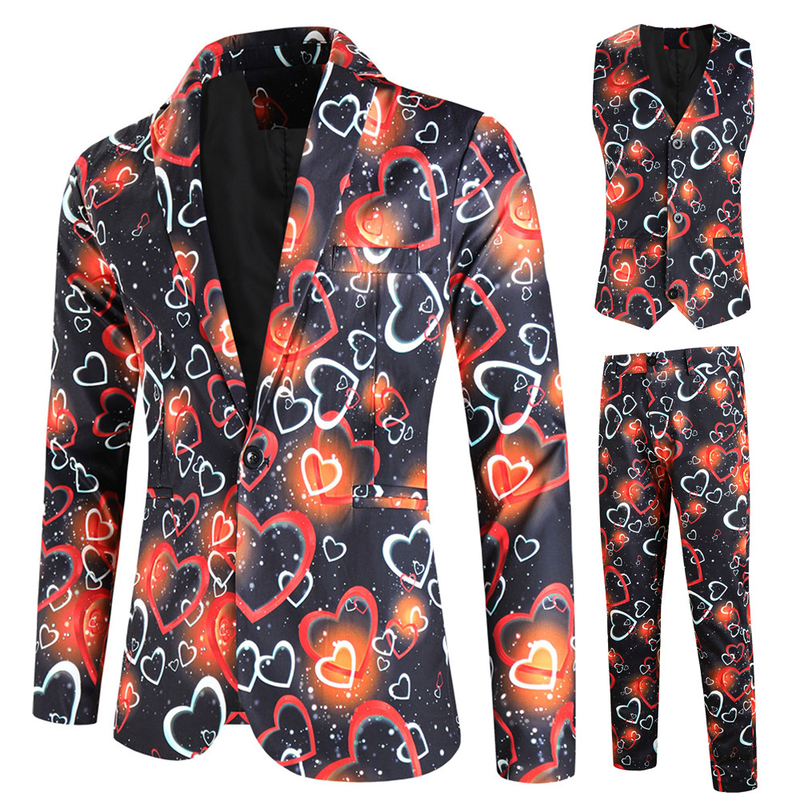 Male Valentine's Day Slim Fit Suit 3 Piece One Button Printed Uniform