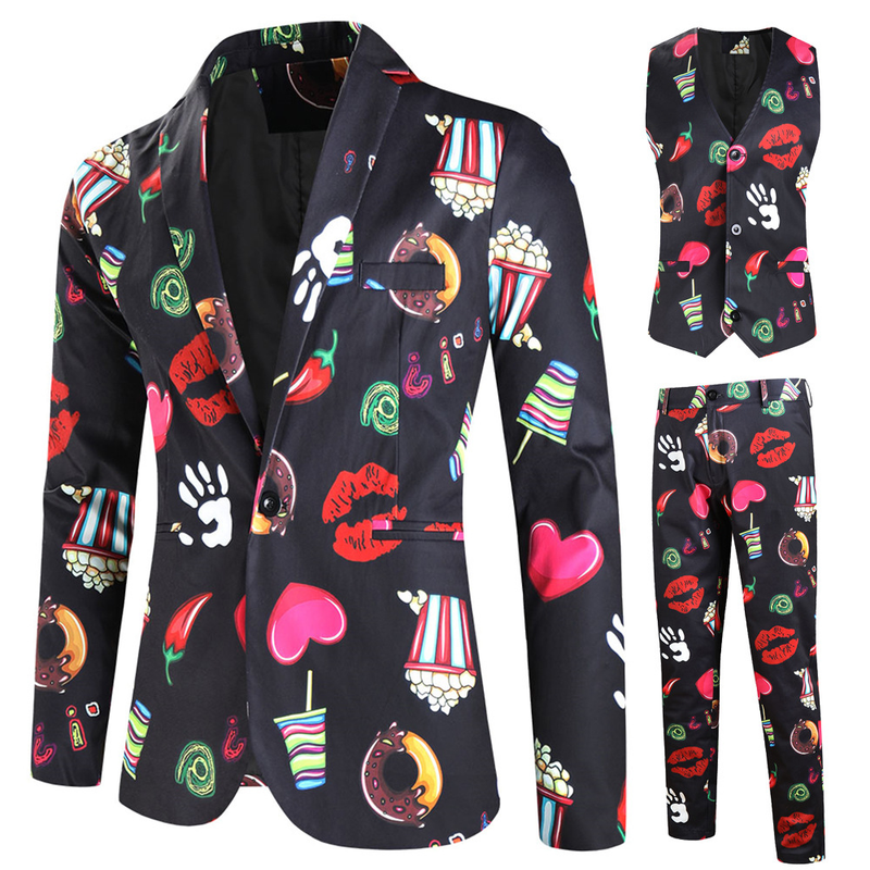 Male Valentine's Day Slim Fit Suit 3 Piece One Button Printed Uniform