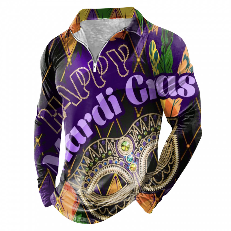 Mardi Gras Zipper Lapel Bowling Shirts Funny 1950s Hawaiian Vintage Tops