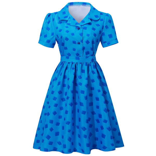 Matilda the Musical Deep Blue Square Print Summer Dress Cosplay Costume School Girl Casual Skirt Kids & Women