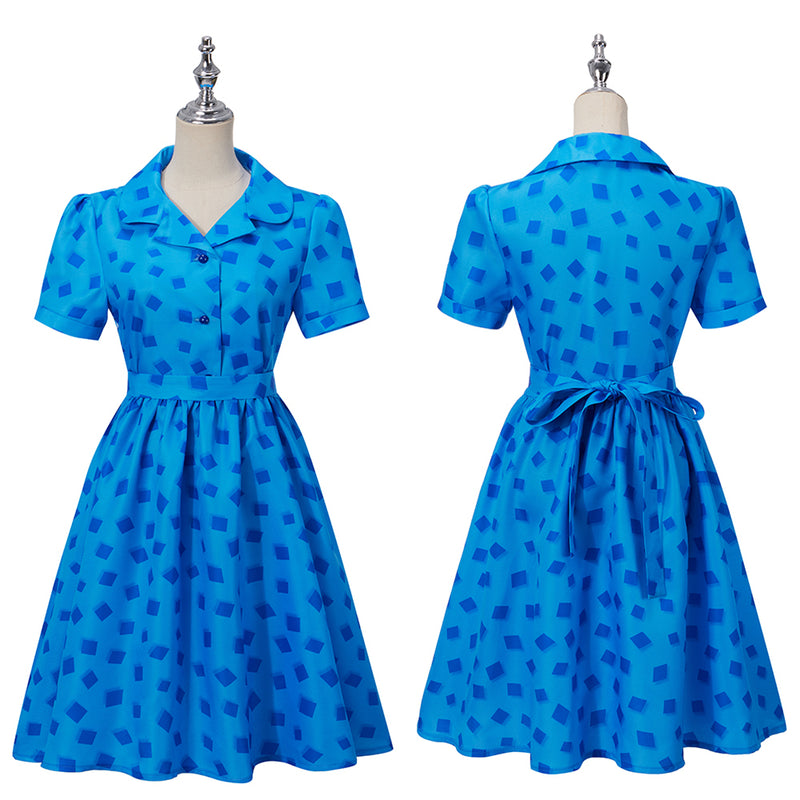 Matilda the Musical Deep Blue Square Print Summer Dress Cosplay Costume School Girl Casual Skirt Kids & Women