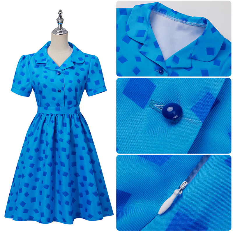 Matilda the Musical Deep Blue Square Print Summer Dress Cosplay Costume School Girl Casual Skirt Kids & Women