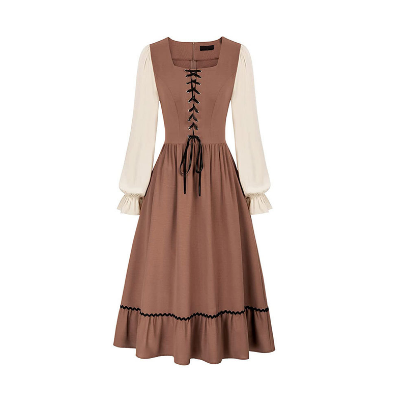 Medieval Renaissance Women Fake Two-piece Long Sleeve Midi Dress