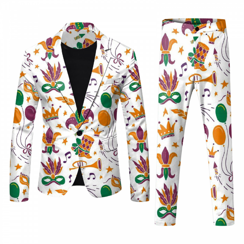 Men 2 Piece Mardi Gras Sweatsuits One Buttton Notched Lapel Floral Uniform