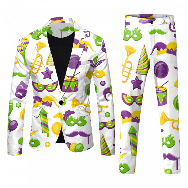 Men 2 Piece Mardi Gras Sweatsuits One Buttton Notched Lapel Floral Uniform