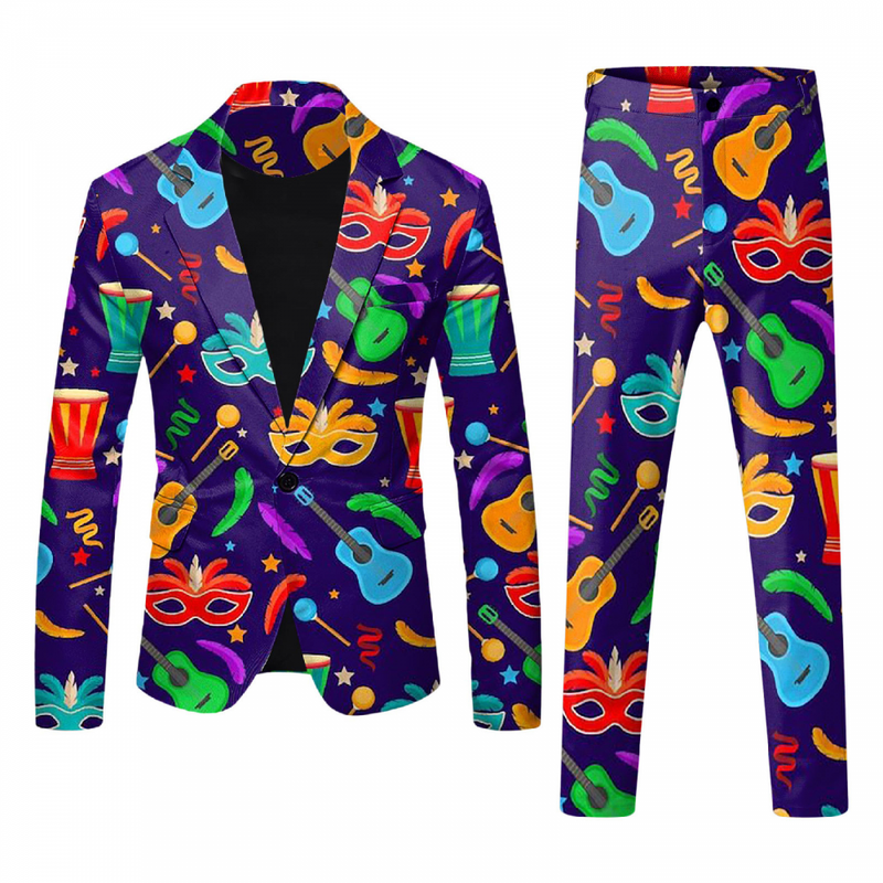 Men 2 Piece Mardi Gras Sweatsuits One Buttton Notched Lapel Floral Uniform