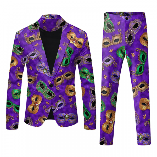 Men 2 Piece Mardi Gras Sweatsuits One Buttton Notched Lapel Floral Uniform