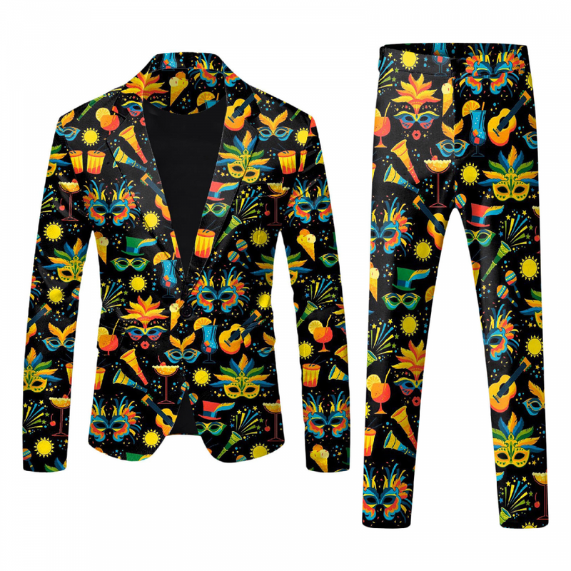 Men 2 Piece Mardi Gras Sweatsuits One Buttton Notched Lapel Floral Uniform