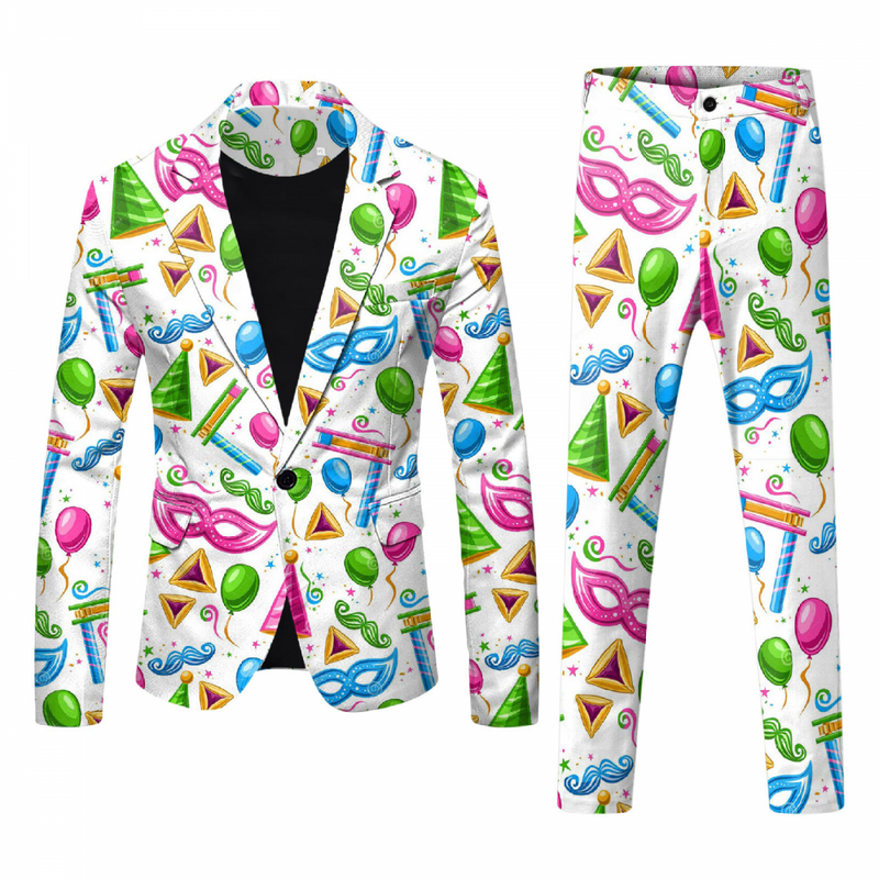 Men 2 Piece Mardi Gras Sweatsuits One Buttton Notched Lapel Floral Uniform