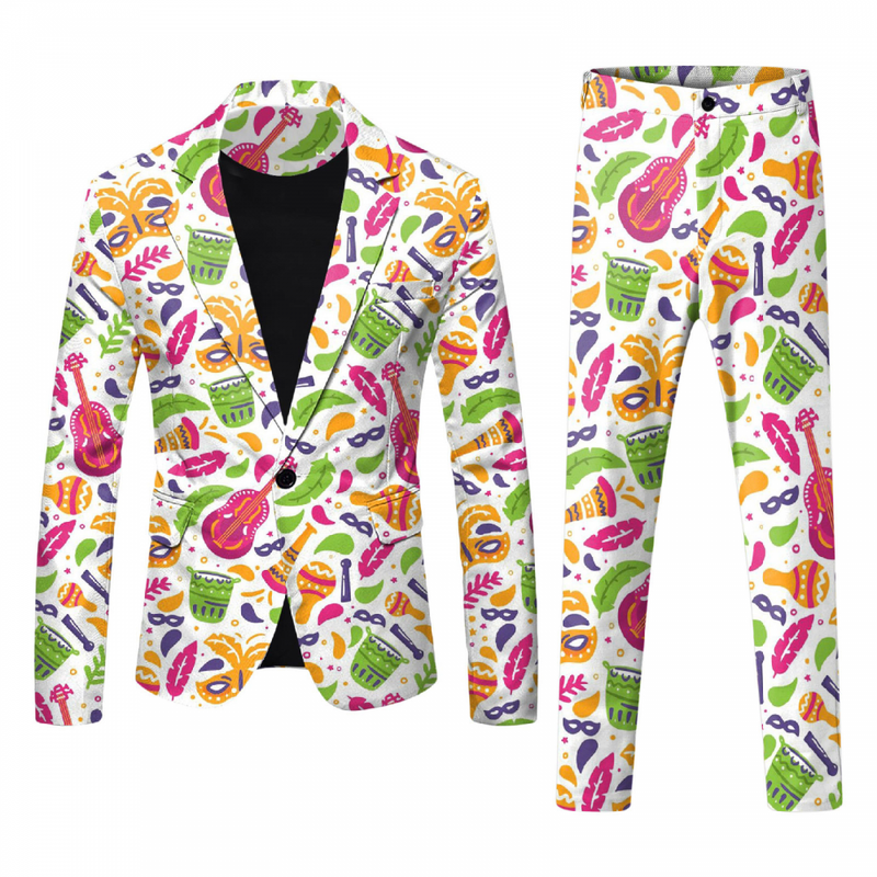 Men 2 Piece Mardi Gras Sweatsuits One Buttton Notched Lapel Floral Uniform