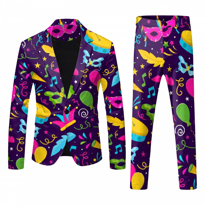 Men 2 Piece Mardi Gras Sweatsuits One Buttton Notched Lapel Floral Uniform