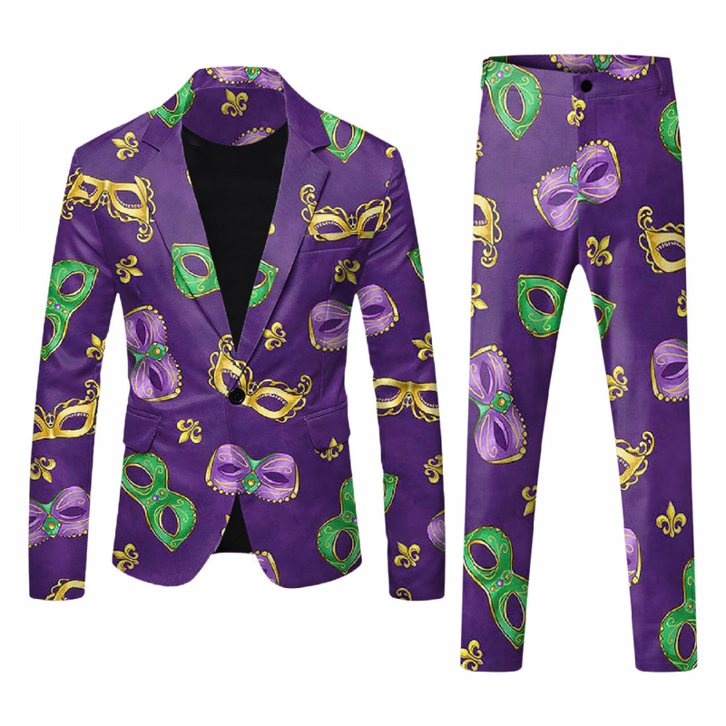 Men 2 Piece Mardi Gras Sweatsuits One Buttton Notched Lapel Floral Uniform