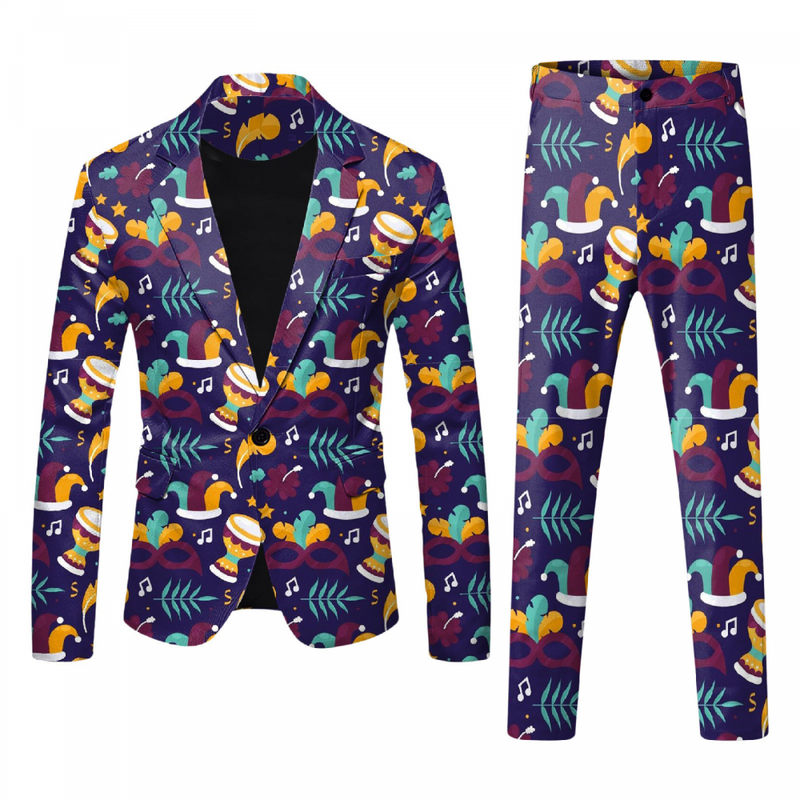 Men 2 Piece Mardi Gras Sweatsuits One Buttton Notched Lapel Floral Uniform