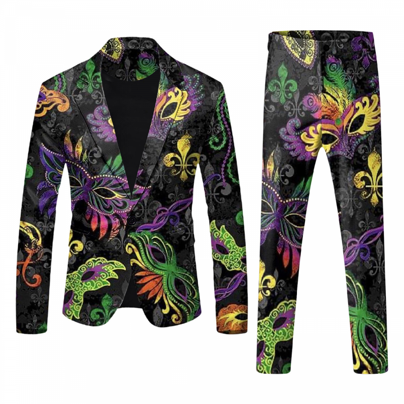 Men 2 Piece Mardi Gras Sweatsuits One Buttton Notched Lapel Floral Uniform