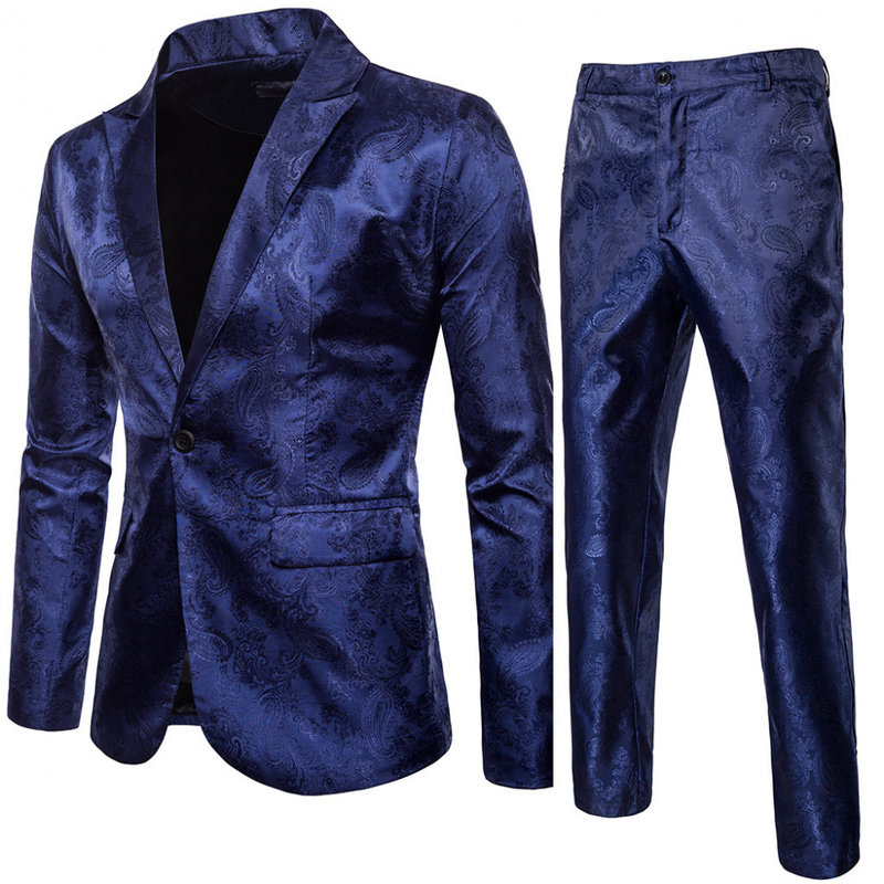 Men Business Suit 1 Buttons Slim Solid Color Jacket Formal Blazer Pants