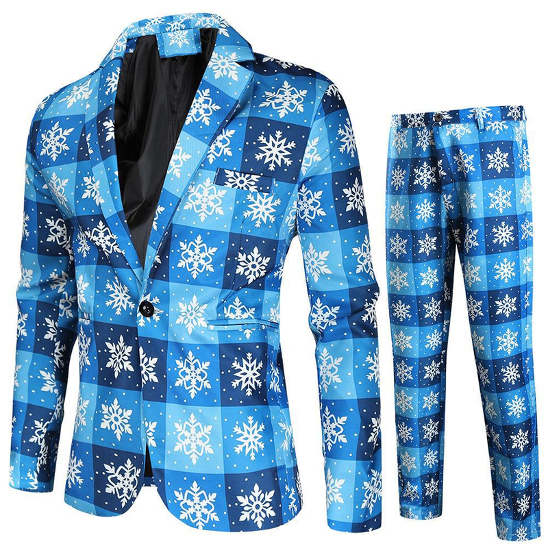 Men Christmas Tree Snowman Printed One Button Xmas Jacket Pants