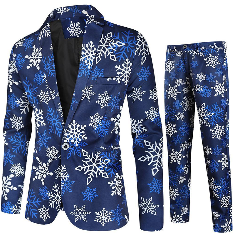 Men Christmas Tree Snowman Printed One Button Xmas Jacket Pants