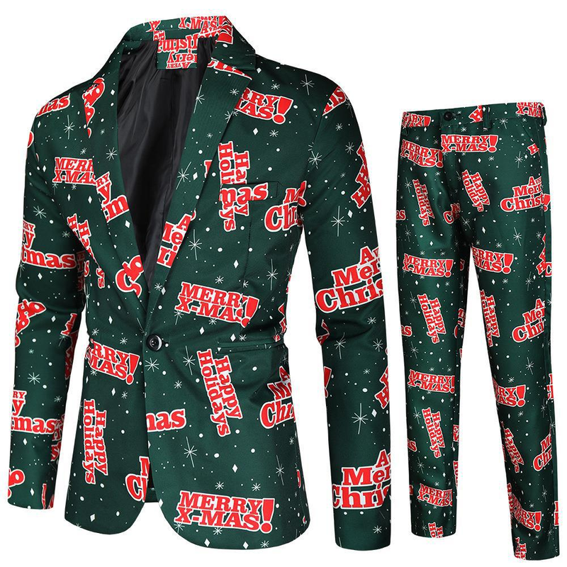 Men Christmas Tree Snowman Printed One Button Xmas Jacket Pants