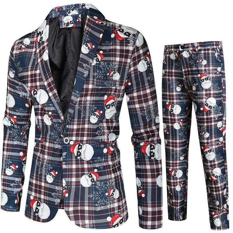 Men Christmas Tree Snowman Printed One Button Xmas Jacket Pants