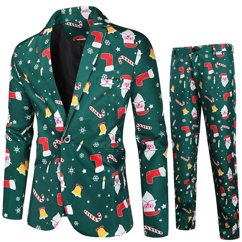 Men Christmas Tree Snowman Printed One Button Xmas Jacket Pants