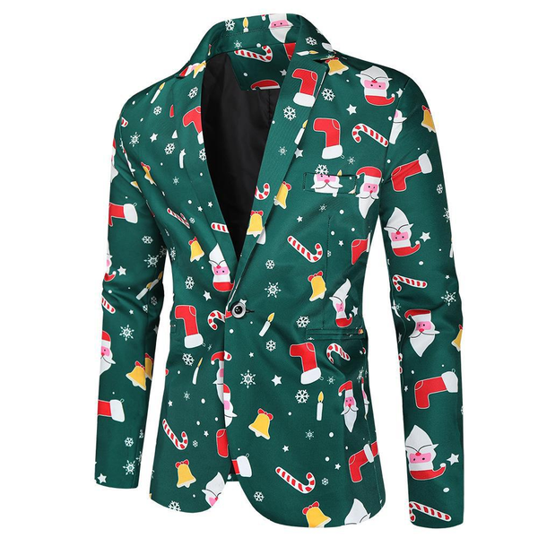 Men Christmas Tree Snowman Printed One Button Coat Xmas Jacket