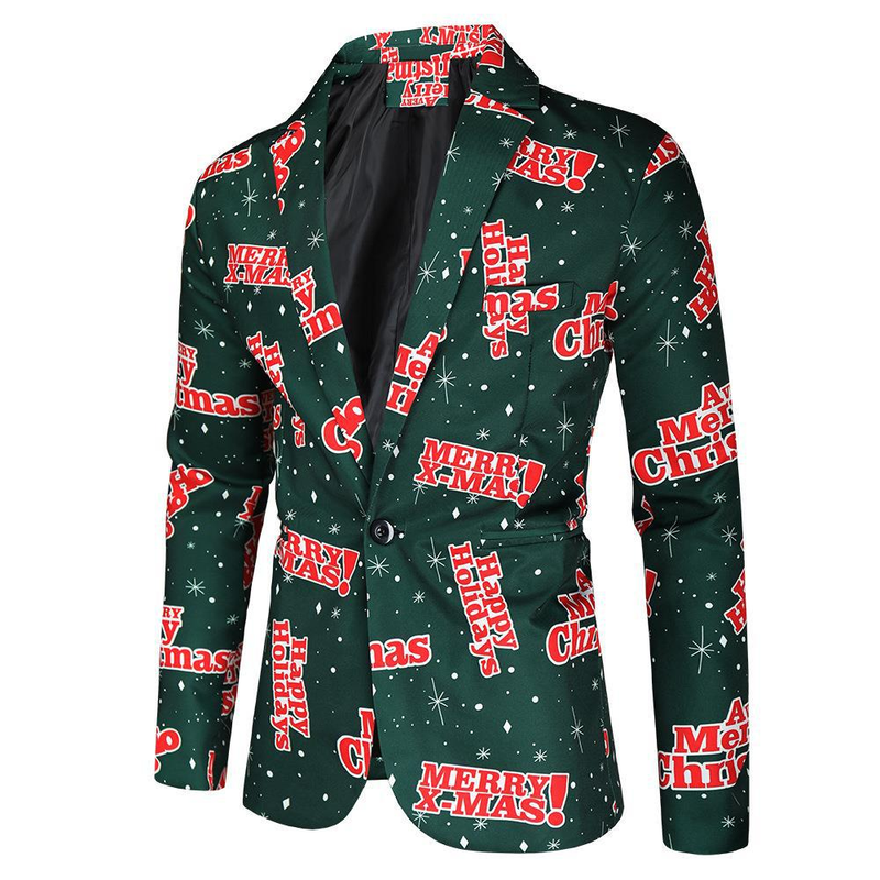 Men Christmas Tree Snowman Printed One Button Coat Xmas Jacket