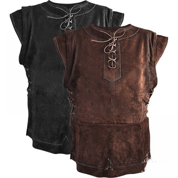 Men Faux Leather Sleeveless Outdoor Vest Hunting Lace Up Tank Top