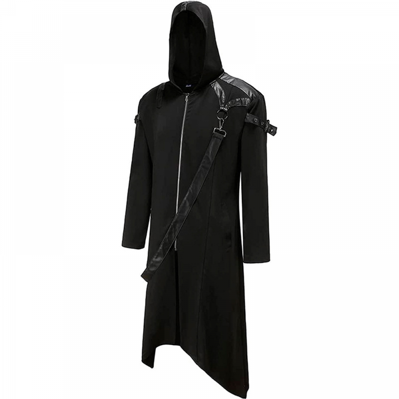 Men Gothic Punk Jacket Medieval Steampunk Black Long Coat Costume