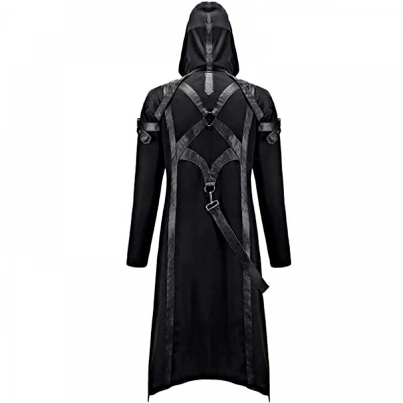 Men Gothic Punk Jacket Medieval Steampunk Black Long Coat Costume