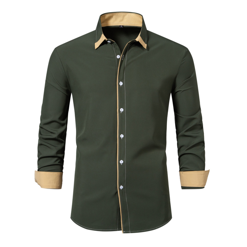 Men Long Sleeve Shirts Fashion Color Block Patchwork Lapel Regular Blouse