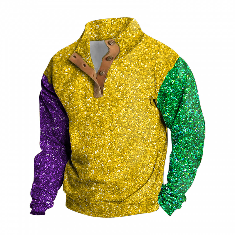 Men Mardi Gras Corduroy Sequin Sweatshirt Pullover Button Up Glitter Sweaters