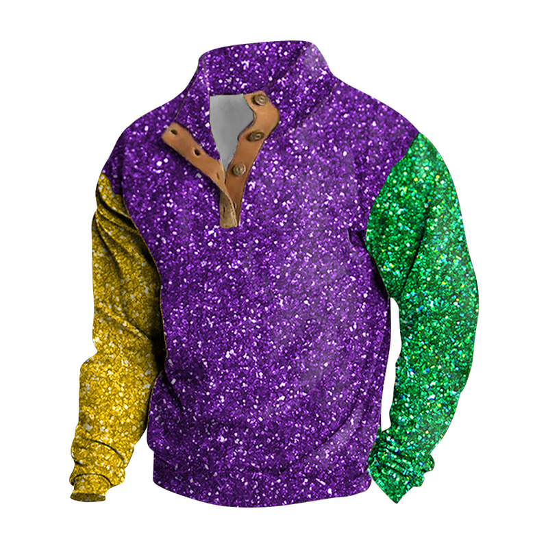 Men Mardi Gras Corduroy Sequin Sweatshirt Pullover Button Up Glitter Sweaters