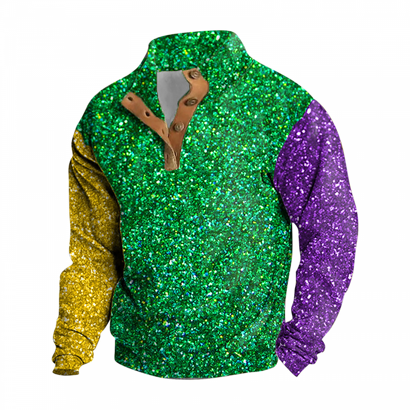 Men Mardi Gras Corduroy Sequin Sweatshirt Pullover Button Up Glitter Sweaters