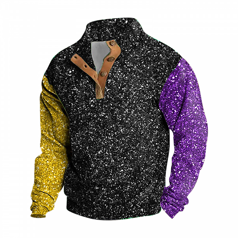 Men Mardi Gras Corduroy Sequin Sweatshirt Pullover Button Up Glitter Sweaters