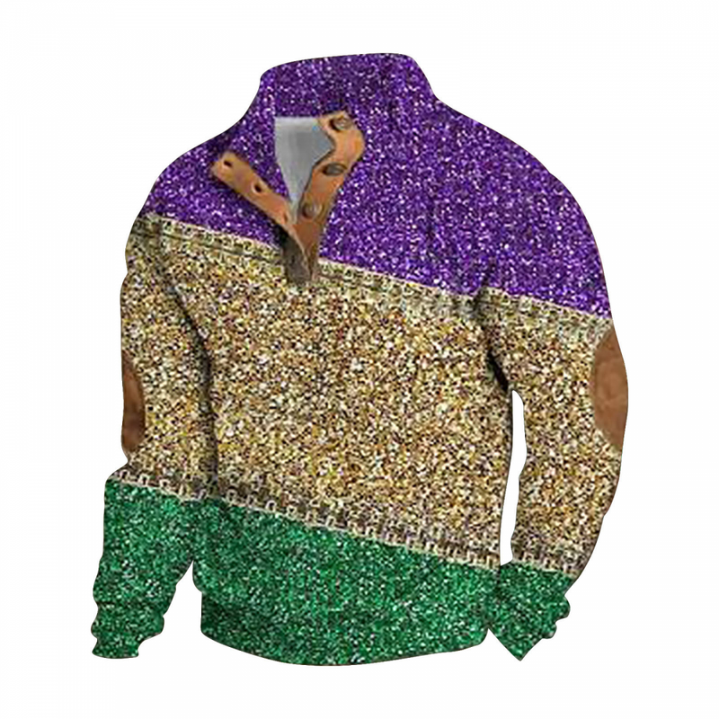 Men Mardi Gras Corduroy Sequin Sweatshirt Pullover Button Up Glitter Sweaters