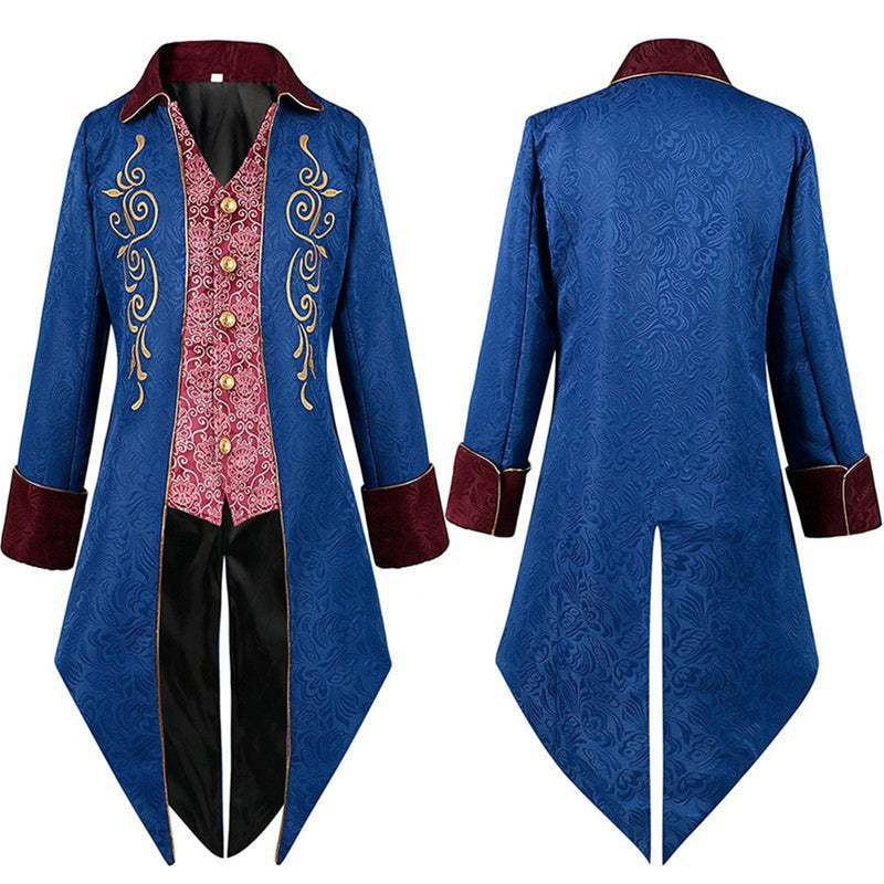 Men Steampunk Blue Embroidery Jacket Victorian Retro Gothic Tuxedo