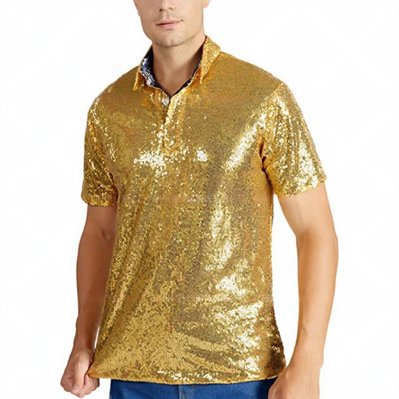 Men Vintage Disco Polo Shirt 70 S Carnival Costume Burning Sequin Blouse