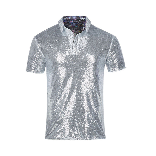 Men Vintage Disco Polo Shirt 70 S Carnival Costume Burning Sequin Blouse