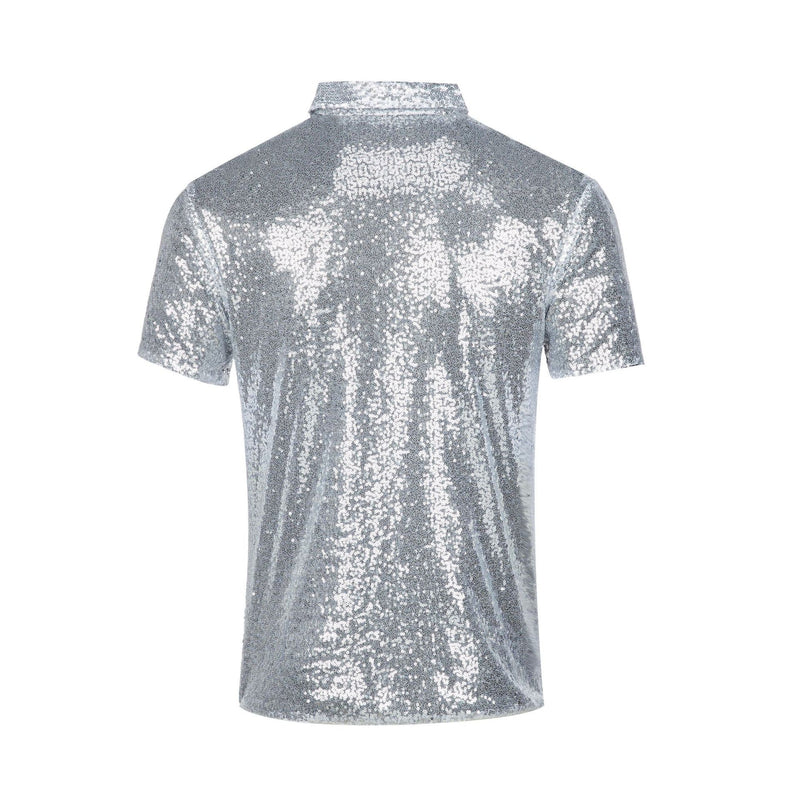 Men Vintage Disco Polo Shirt 70 S Carnival Costume Burning Sequin Blouse