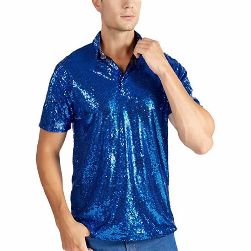 Men Vintage Disco Polo Shirt 70 S Carnival Costume Burning Sequin Blouse