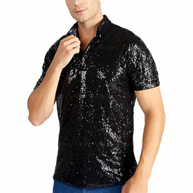 Men Vintage Disco Polo Shirt 70 S Carnival Costume Burning Sequin Blouse