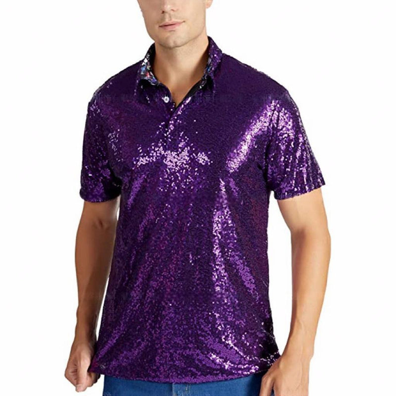 Men Vintage Disco Polo Shirt 70 S Carnival Costume Burning Sequin Blouse