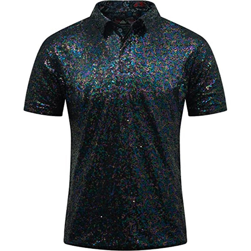 Men Vintage Disco Polo Shirt 70 S Carnival Costume Burning Sequin Blouse