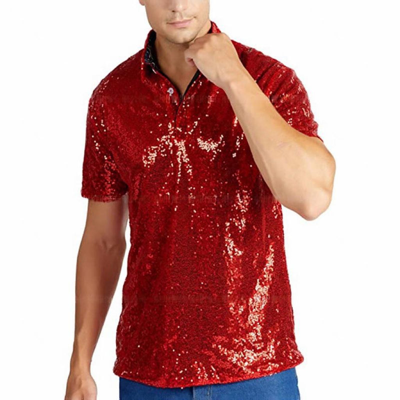 Men Vintage Disco Polo Shirt 70 S Carnival Costume Burning Sequin Blouse