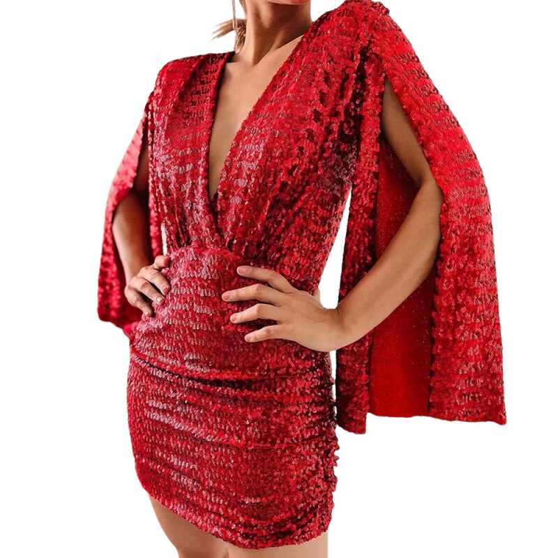 Night Flare Sleeve Deep V Neck Sparkly Sequin Bodycon Mini Dress