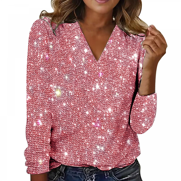 Plus Size Women Top Sequin V Neck Glitter Party Elegant Blouse